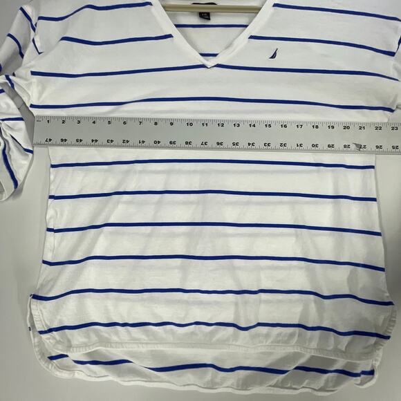Nautica Tee Shirt Womens XXL Blue White Striped V-Neck Short Sleeve 100% Cotton - Picture 4 of 5